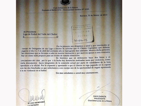 Fascimil de la nota que presentó La Ribera para no jugar el clásico.