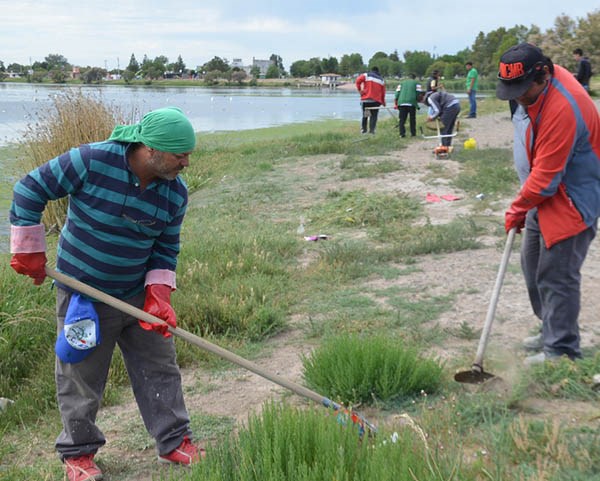 Trabajos. Una postal de los municipales sacando basura de la Laguna.