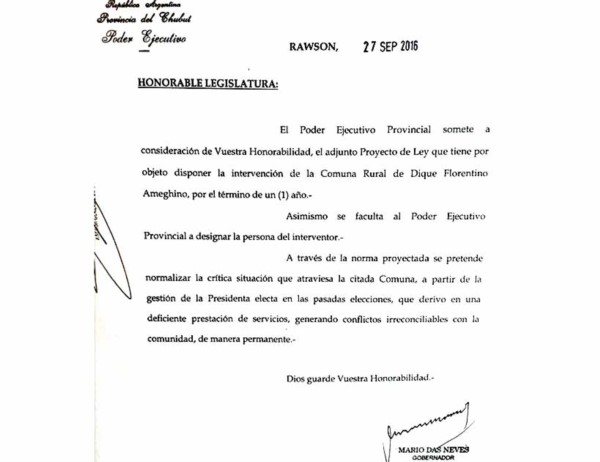Facsímil del proyecto de ley firmado por el gobernador Das Neves.