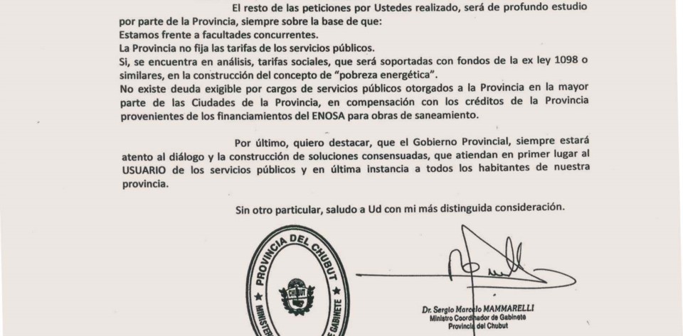 Respuesta. La nota del jefe de gabinete que deja en claro la posición de Fontana 50 sobre varios de las quejas de las empresas de servicios.
