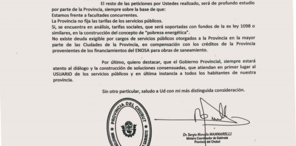 Respuesta. La nota del jefe de gabinete que deja en claro la posición de Fontana 50 sobre varios de las quejas de las empresas de servicios.