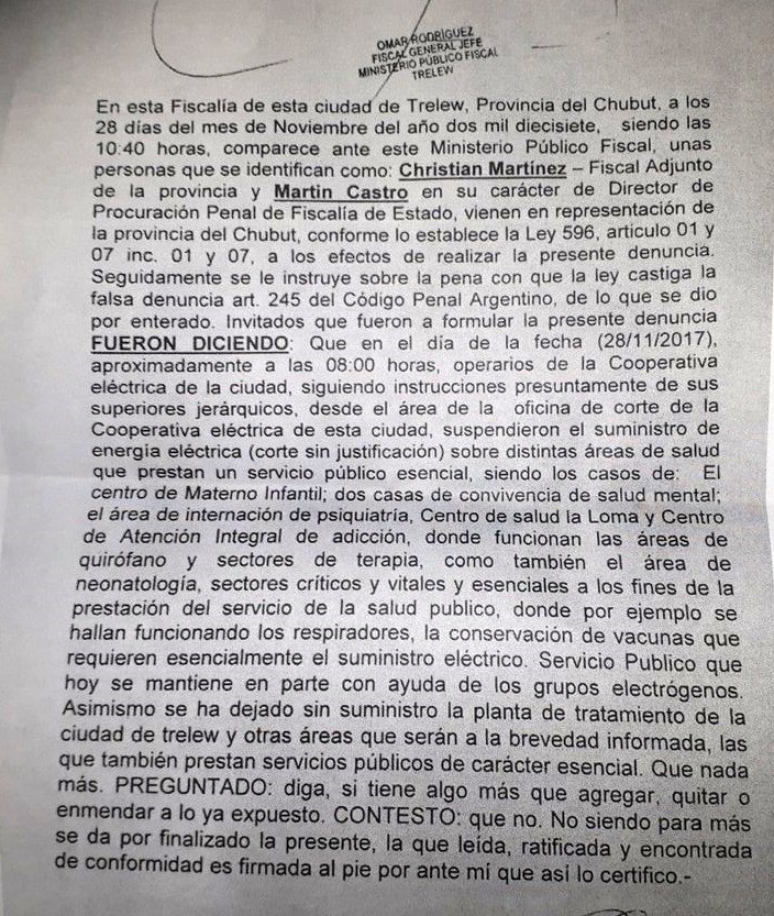 El Gobierno denunció a la Cooperativa de Trelew por cortar la luz y ...