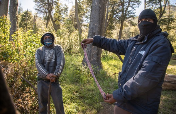 Encapuchados. Una postal habitual de Resistencia Ancestral Mapuche y sus quejas fuera de la ley.
