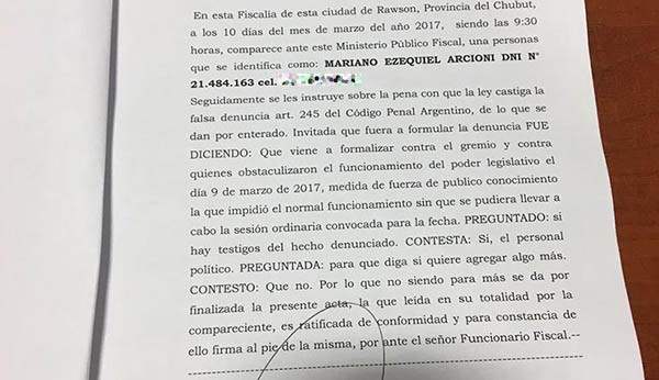 La denuncia que fue presentada por el vicegobernador ante Fiscalía.