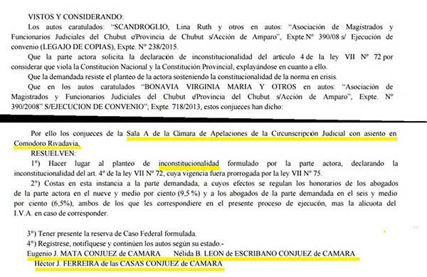 Facsímil del fallo de la Cámara de Apelaciones que declaró inconstitucional parte del articulado.