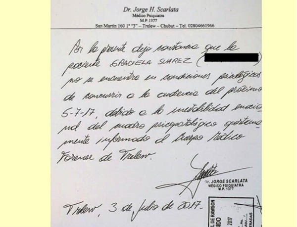 No pudo ir. El certificado que presentó Suárez García en la Justicia.