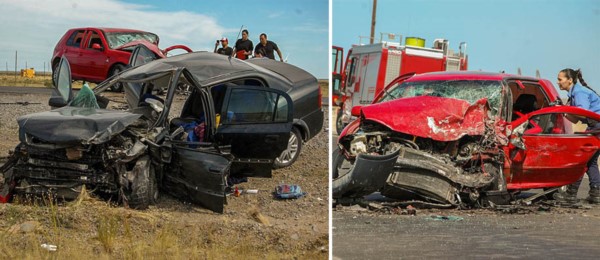 El Chevrolet Astra muestra el brutal impacto que tuvo en la ruta 25 frente al circuito del Safari de Rawson. El VW Golf  quedó en una de las banquinas tras la colisión de ayer.