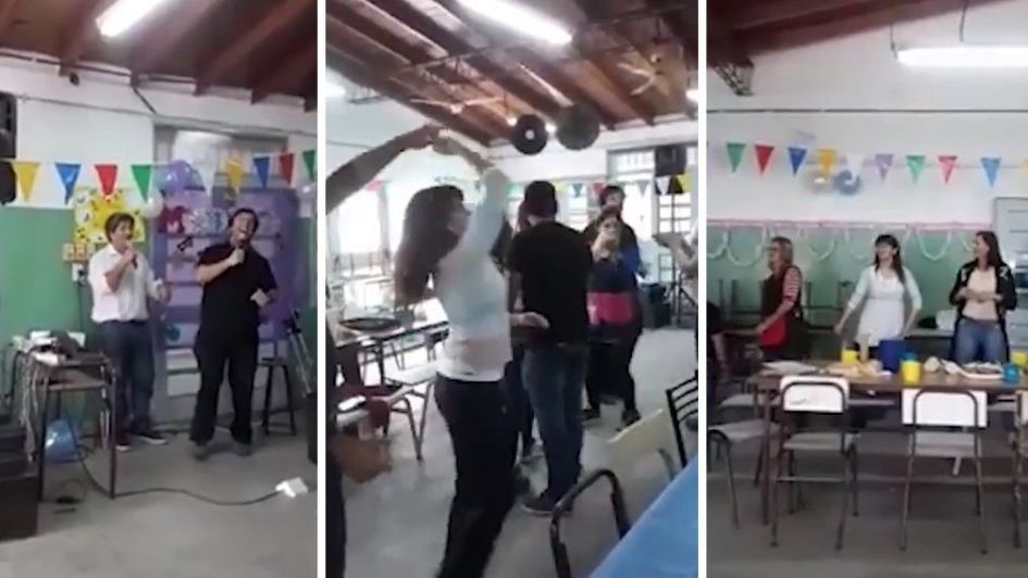 Momento de la fiesta de los docentes en la escuela cerrada por una explosión de gas. Los padres se quejaron por la actitud de los maestros ya que sus hijos no tienen clases. (Los Andes)