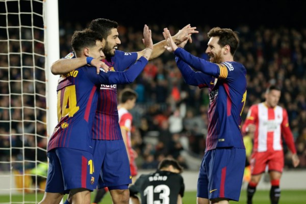 Barcelona demolió 6-1 a Girona con un "hat trick" de Suárez, doblete de Messi y una joya de Coutinho.