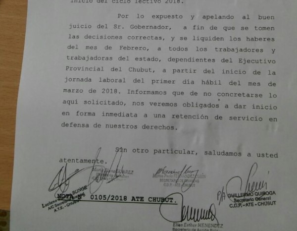 La nota elevada al gobierno provincial por dirigentes de ATE