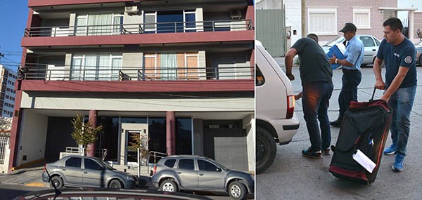 Valija. El departamento de Trelew allanado en la tarde de ayer, donde se encontró una cantidad de documentos que sorprendió a la Policía, que se llevó mucha evidencia del lugar.
