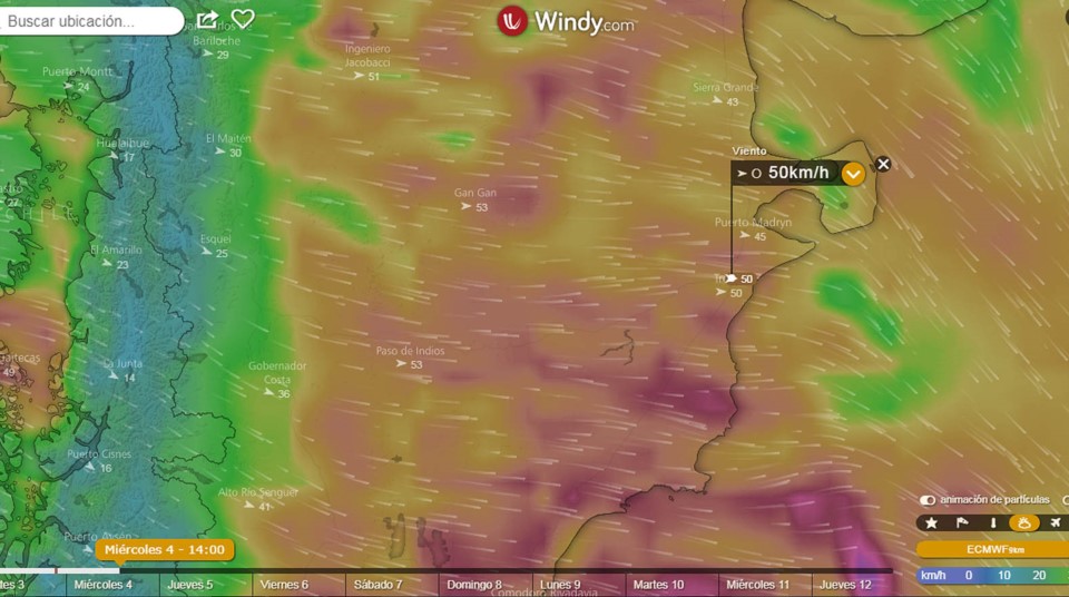 Se espera que los vientos más intensos se hagan sentir entre el mediodía y las primeras horas de la tarde. (Windy.com)