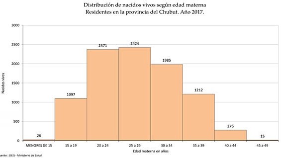 Infografía. Distribución de nacimientos de acuerdo a la edad de la madre en Chubut durante 2017, de acuerdo a los registros oficiales.