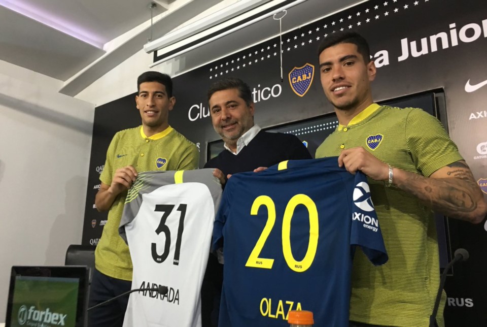Esteban Andrada y Lucas Olaza fueron presentados este lunes como refuerzos de Boca.