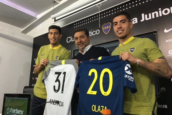 Esteban Andrada y Lucas Olaza fueron presentados este lunes como refuerzos de Boca.