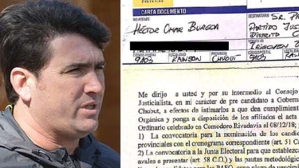 Carta documento. El intendente del Valle Inferior se quejó por la “indefinición” de los órganos partidarios.