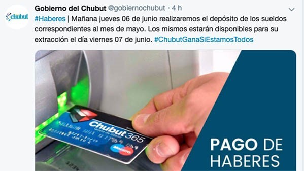 Tuit. Provincia difundió el depósito con su cuenta de la red social.