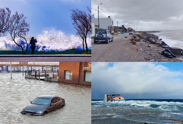 Playa Unión enfrentó olas gigantezcas, Magagna perdió su costa, autos inhundados en Comodoro y Pirámides bajo agua. (Gentileza: Ivanji fotos, Luis Orellana, El Comodorense y Pame Liberatti)
