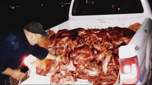 la carne decomisada fue luego incinerada. Los involicrados no pudieron explicar el origen de la mercaderia.
