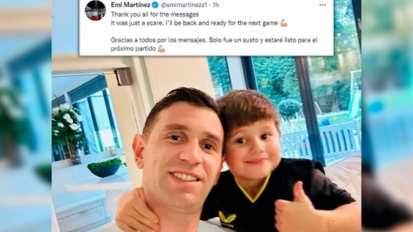 Dibu Martínez subió este mensaje a sus redes sociales asegurando que está bien tras el choque que lo obligó a dejar la cancha el sábado.