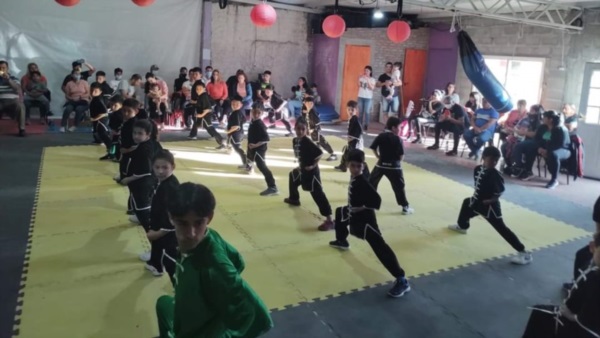 Un gran número de niños practica wushu.