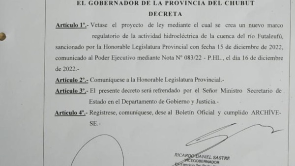 Documento. A cargo del Ejecutivo, Sastre vetó la decisión que había tomado la Legislatura en diciembre. 