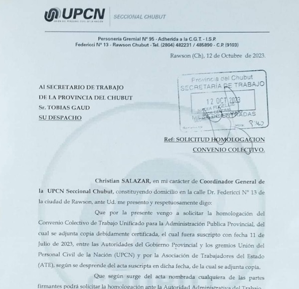 La misiva elevada al secretario de TRabajo provincial, Tobías Gaud.