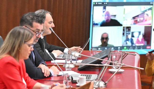 Tribunal. Una imagen de los tres jueces en el inicio de las audiencias, con la presencia vía Zoom de los imputados desde la pantalla.