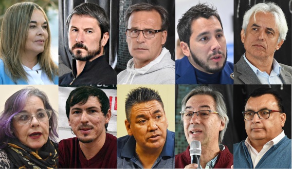 Miradas. Desde arriba a la izquierda, Lloyd Jones, Merino, Mac Karthy, Coliñir, Hualpa, Vázquez, Sáez, Collio, Sghelfi y Paredes, los candidatos. 