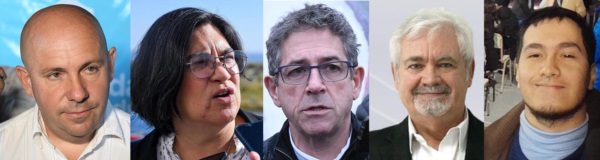 Gustavo Sastre, de Arriba Chubut. Alejandra Concina, la única mujer. Daniel Laudonio va por JxC. Guillermo Espada, del PLICh. Rodrigo Carrettoni, de 21 años.
