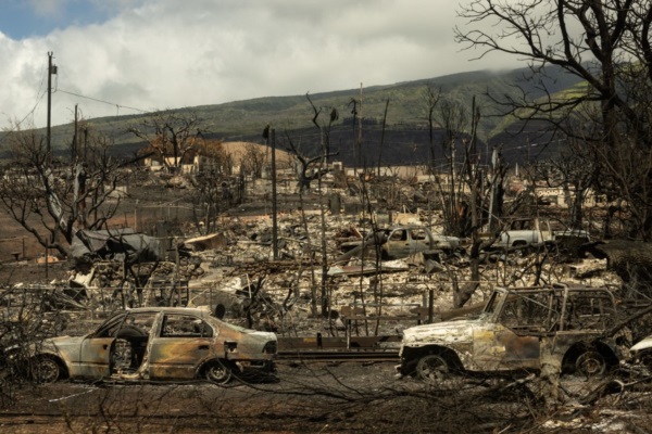 Carcasas de coches se ven entre las cenizas de un barrio quemado tras un incendio, en Lahaina, al oeste de Maui.
